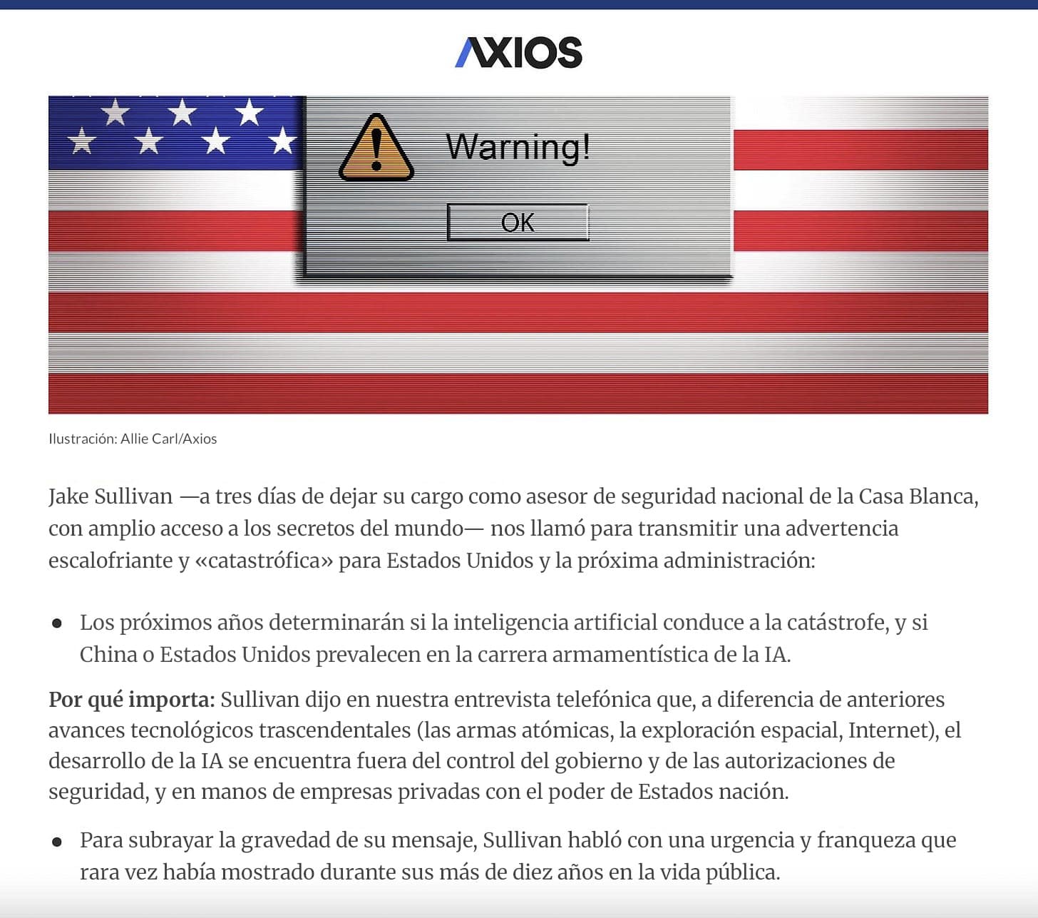 Captura de pantalla del encabezado de un artículo de Axios con la ilustración de una bandera estadounidense superpuesta con un cuadro de diálogo de advertencia al estilo retro de Windows, que contiene un triángulo de precaución y un botón de OK, seguido de los párrafos iniciales del artículo sobre el mensaje de despedida de Jake Sullivan.