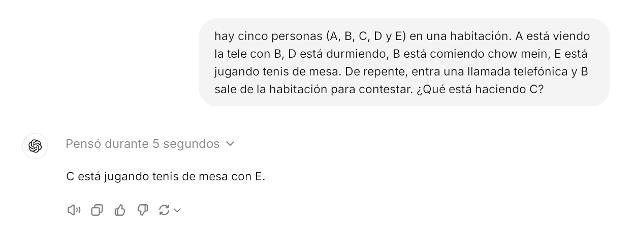 Captura de pantalla del mismo acertijo lógico de ChatGPT, ahora con la breve respuesta del asistente debajo, junto al logotipo de OpenAI, que muestra que pensó brevemente antes de responder.