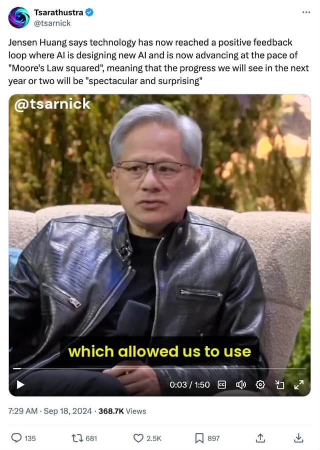 Captura de pantalla de un tuit de @tsarnick que parafrasea a Jensen Huang, sobre el fotograma de un vídeo incrustado donde aparece Huang, con una chaqueta de cuero negra, sentado en una silla durante una entrevista con subtítulos superpuestos en amarillo.