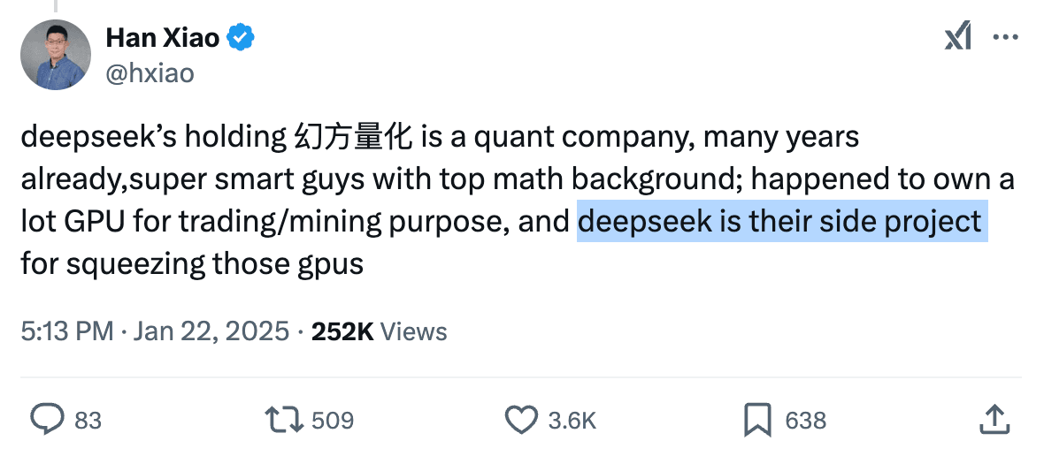 Captura de pantalla de un tuit de Han Xiao (@hxiao) con marca de verificación, que describe la empresa matriz de DeepSeek; la frase «deepseek es su proyecto paralelo» aparece resaltada en azul claro.