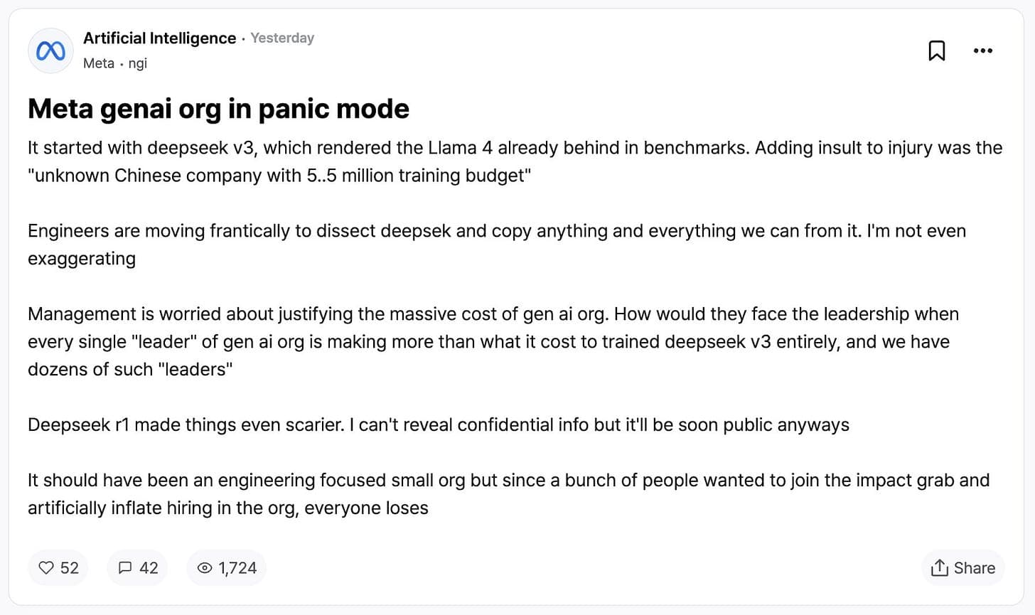 Captura de pantalla de una publicación anónima estilo Blind, de un empleado del grupo de inteligencia artificial de Meta, fechada ayer, con un ícono de marcador y otro de opciones; el título de la publicación aparece en negrita y el cuerpo del texto viene a continuación, en varios párrafos.