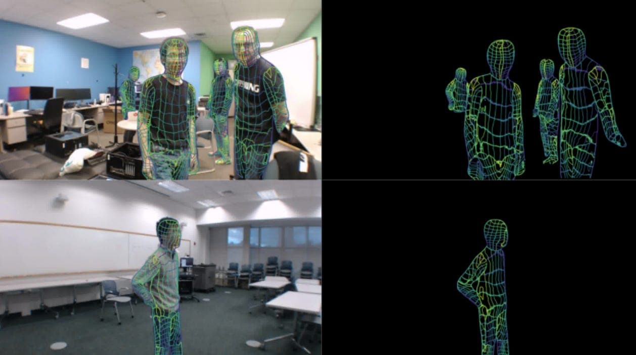 Una comparación de cuatro paneles que muestra la estimación de la postura corporal humana mediante WiFi. La columna izquierda muestra fotografías de personas de pie en habitaciones comunes (una oficina con escritorios y sillas en la parte superior, un aula con mesas y sillas en la parte inferior), con mallas tridimensionales de colores superpuestas sobre cada persona. La columna derecha muestra las mismas mallas aisladas sobre un fondo negro, revelando reconstrucciones 3D detalladas de los cuerpos y las posturas de las personas obtenidas únicamente a partir del desplazamiento de las señales de WiFi.