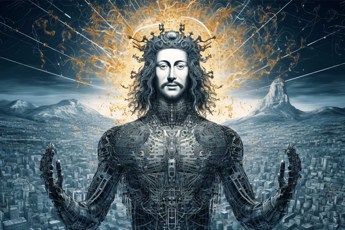Una ilustración digital de una figura gigante coronada, de pelo largo y oscuro y rostro pálido y sereno, que se alza sobre una extensa ciudad con montañas al fondo. Su cuerpo está hecho de intrincados circuitos de aspecto mecánico, tiene las manos levantadas a los lados y, detrás de su cabeza, un estallido de filamentos dorados forma un halo contra un cielo oscuro atravesado por rayos de luz.